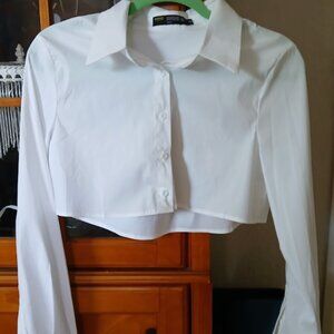 Woman's FINESSE Brand White Dress+Business Shirt Collared SZ Medium (CROPPED)